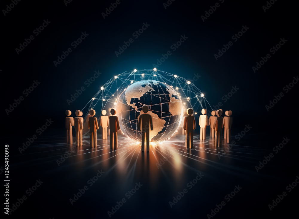 Aufkleber A group of people figures stand encircling a glowing globe with network connections, representing worldwide teamwork and digital communication.
