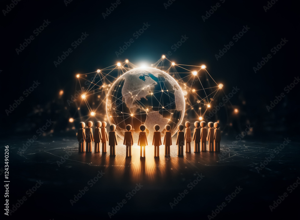 Aufkleber stylized figures encircle a glowing world connected by light strands in a dark space, symbolizing gl