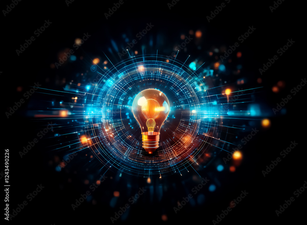 Poster glowing lightbulb surrounded by digital blue and orange lights on a dark backdrop. abstract represen