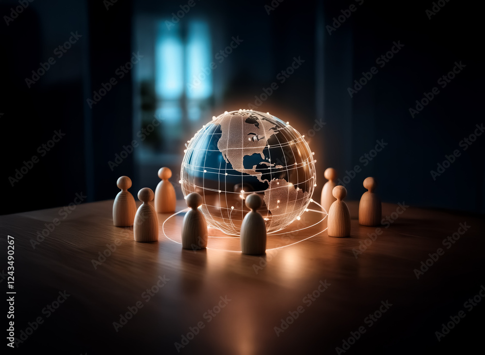 Aufkleber a glowing globe with network lines stands on a wooden surface surrounded by wooden figures, symboliz