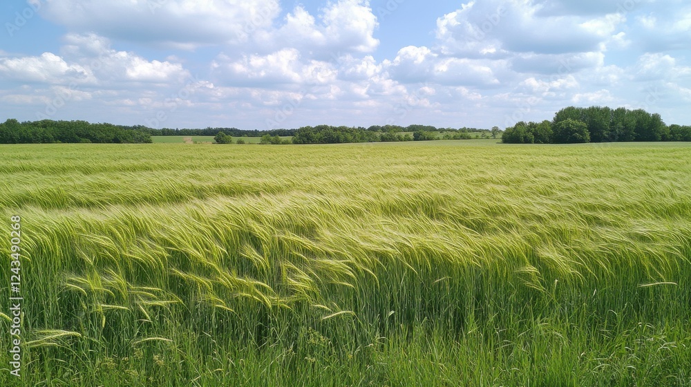 Poster wheat field swaying gently under the bright blue sky with fluffy clouds and distant trees on a sunny