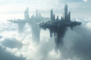 Naklejka premium Futuristic cities floating above the clouds in a sci fi setting