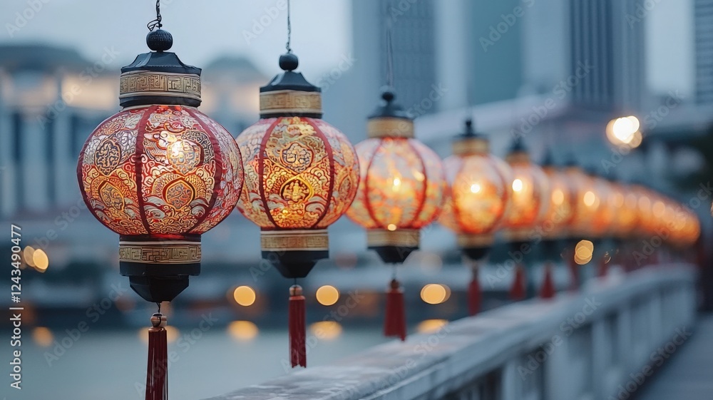 Poster a row of intricately designed lanterns illuminates a riverside walkway, creating a warm and festive 