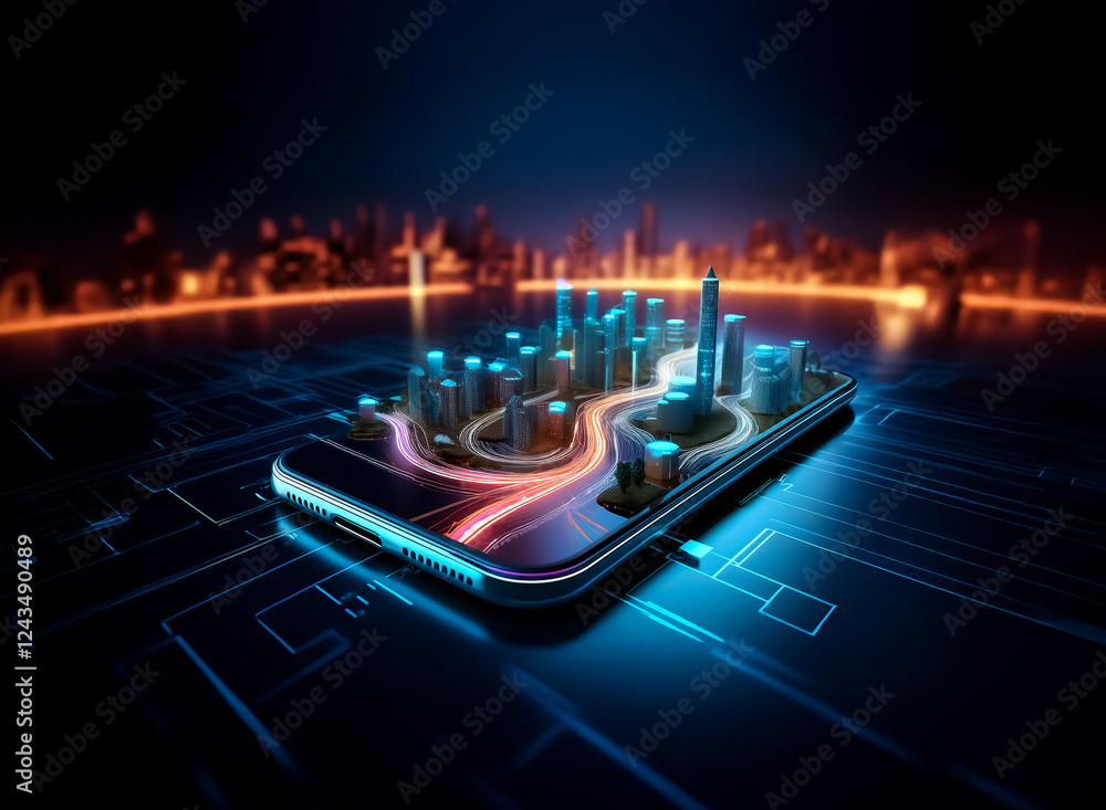 Poster futuristic city on a phone screen, illuminated by neon lights. circuit board patterns and blurred ci