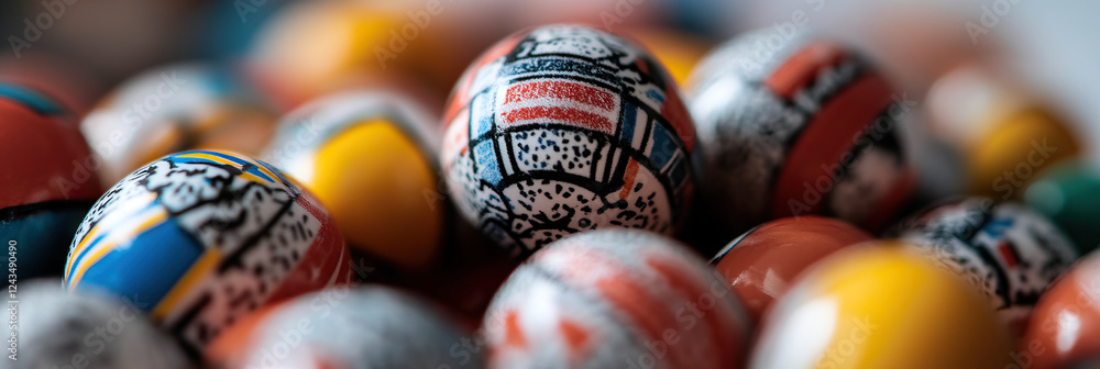Poster close-up photograph of multiple decorated ovoid objects