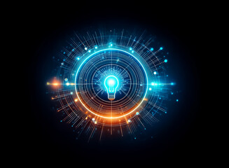 Futuristic glowing lightbulb surrounded by digital circles and lines against a black backdrop. Abstract representation of idea, innovation and technology.