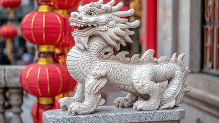 A stone dragon statue stands proudly beside vibrant red lanterns, showcasing traditional artistry and cultural significance in a festive setting.