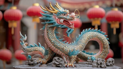 A vibrant dragon sculpture with intricate detailing, set against a backdrop of red lanterns, symbolizing cultural significance and artistry.