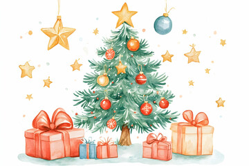 Christmas tree watercolor illustration with gifts