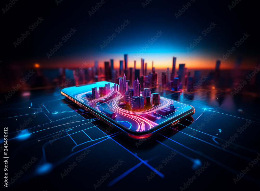 Poster futuristic city on a mobile phone screen, illuminated by glowing lines and vibrant colors. abstract 