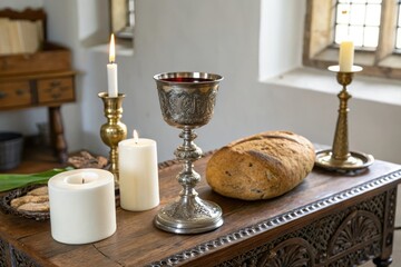 Obraz premium Vintage chalice of wine on ornate wooden table amidst rustic bread loaf and candles, table, bread, chalice