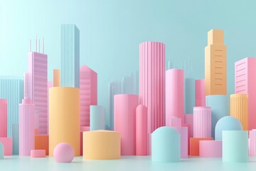 A colorful cityscape made of geometric shapes in pastel hues, showcasing modern architecture against a soft blue background.