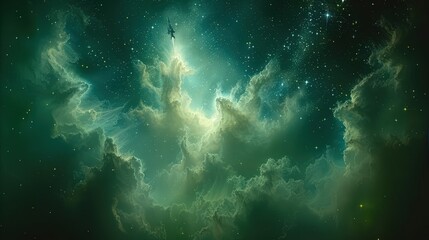 A mesmerizing cosmic scene featuring ethereal clouds and twinkling stars, evoking a sense of wonder and the vastness of the universe.