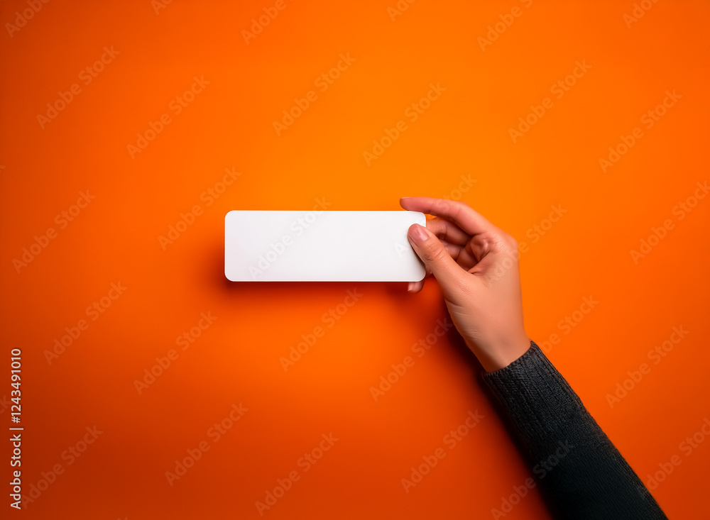 Aufkleber a hand with grey sleeve holds a blank white rectangular object against a vibrant orange backdrop, pr