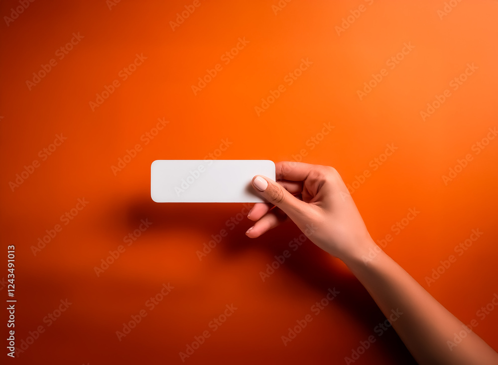 Aufkleber a fair-skinned hand presents a blank white rectangle against a solid, bright orange backdrop. the si