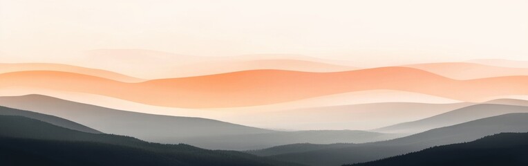 Fototapeta premium Gradient sunset transitions from amber to soft hues over serene mountain landscape at twilight