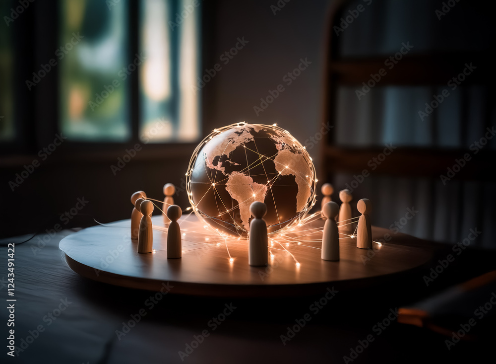 Poster globe with string lights is surrounded by wooden figures on a platform, depicting global connectivit