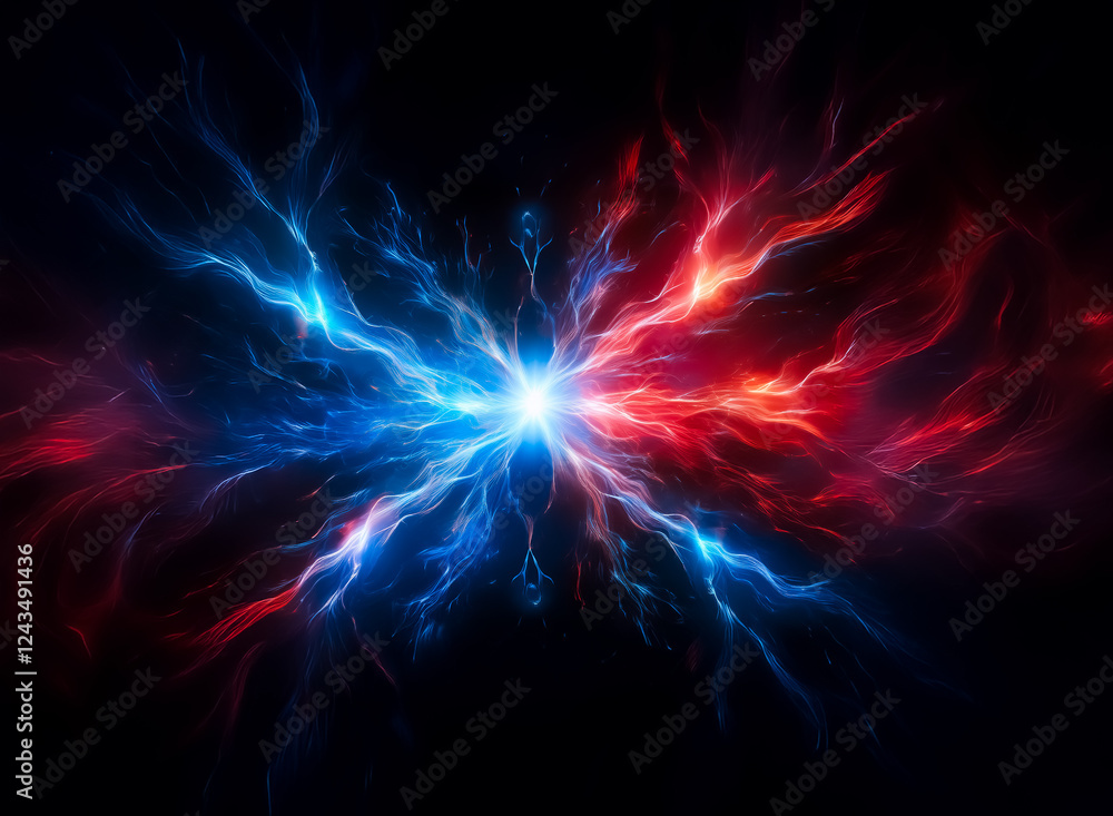 Aufkleber Vibrant energy burst with blue and red streams from a central bright light, creating a dynamic contrast on a dark backdrop.