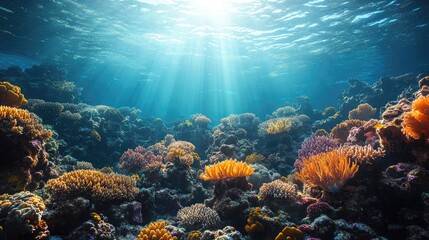 Naklejka premium Vibrant coral reef teeming with life, illuminated by sunlight filtering through water, showcasing marine biodiversity