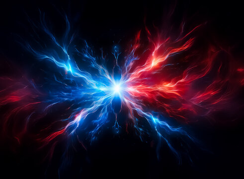 Vibrant energy burst with blue and red streams from a central bright light, creating a dynamic contrast on a dark backdrop.