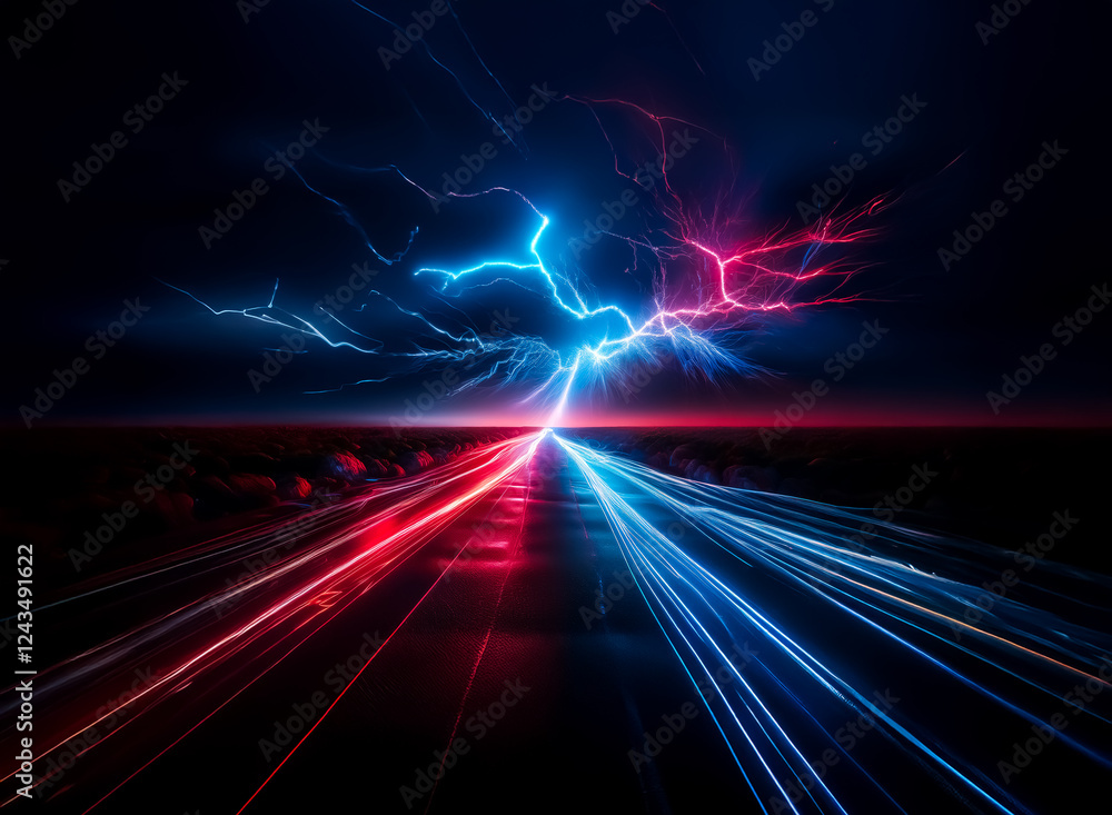 Poster vibrant blue and red light trails streak across a dark horizon with a hint of lightning, creating a 
