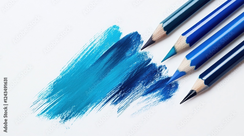 Poster Artistic creation using an array of blue colored pencils on a white canvas with vibrant strokes highlighting creativity and expression