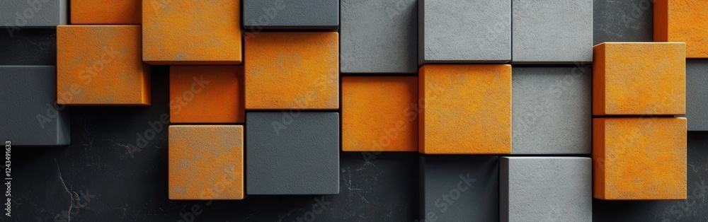 Poster Minimalist arrangement of amber and gray blocks creating a modern artistic composition on a textured surface