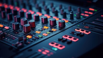 Close Up Of Illuminated Audio Mixing Console