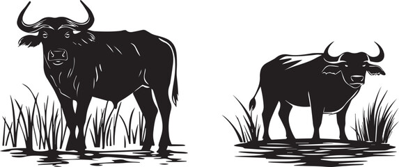 Silhouette set of a buffalo standing in a wetland vector silhouette