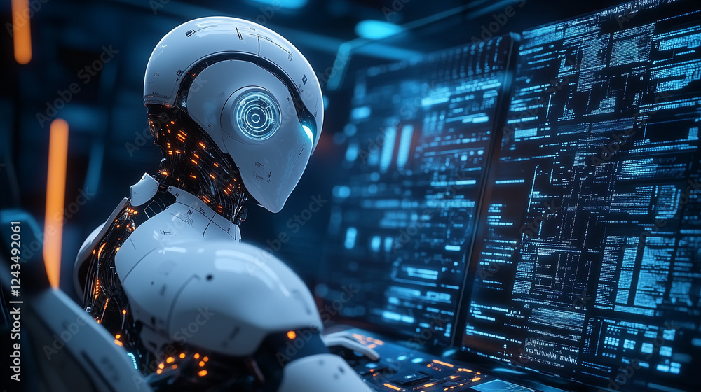 Poster futuristic humanoid robot analyzing data on a digital screen in a high-tech lab, background illustra