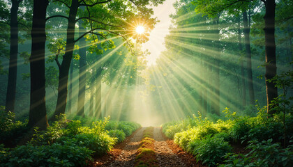 Mystical forest path illuminated by morning sun, serene beauty