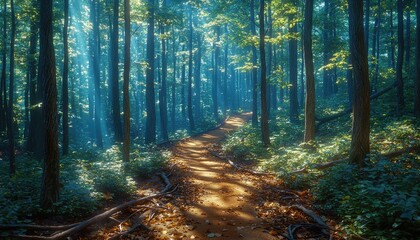 Obraz premium Sunlit Path Through a Mystical Forest Scene