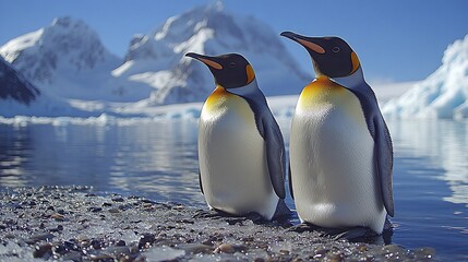 Fototapeta premium Two king penguins standing on rocky shore near icy water with mountains in background.