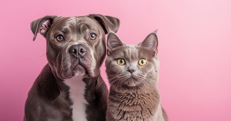 Obraz premium Adorable dog and cat looking at the camera together with a vibrant pink background, showcasing friendship and companionship in pets