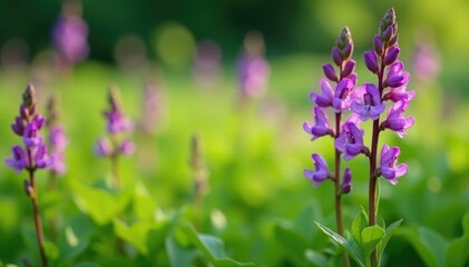 Purple flowers of Penstemon Sour Grapes blooming in a lush green meadow, nature, botanical garden, purple flowers