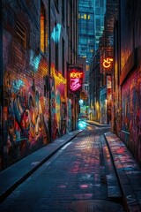 Fototapeta premium Night alley, city graffiti, vibrant lights, urban exploration, background cityscape
