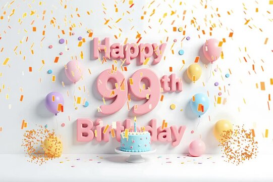Animated 3D Happy 99th Birthday background video in pastel theme with floating balloons, lit candles, fireworks, and confetti shower