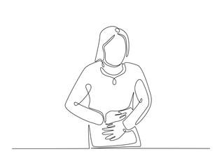 Continuous line art drawing of woman suffering from abdominal pain. Woman feel pain in her stomach single line art drawing vector illustration. Editable stroke.