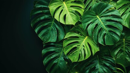 Nature close-up of a lush green leaf with water drops, set against a dark, moody background. Ideal for creating a tropical vibe in your nature-inspired design concepts.