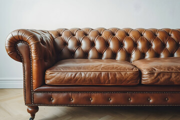 Photograph of an old brown leather sofa with a deep chestnut color