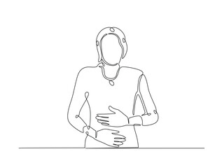 Continuous line art drawing of woman suffering from abdominal pain. Woman feel pain in her stomach single line art drawing vector illustration. Editable stroke.
