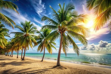 Warm sunny beach scene with palm trees swaying gently in the breeze, palm trees, ocean view, tropical background