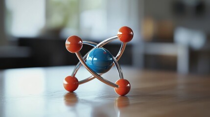 A detailed atomic model featuring blue and red elements displayed on a wooden table.