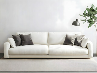 White wall background for mockup, white sofa with grey pillows