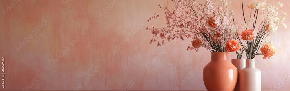 Poster elegant floral arrangement transitioning in muted coral tones displayed in modern vases on a simple 