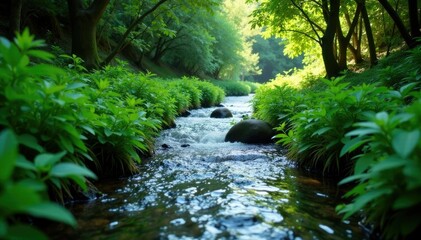 Water Flows Through Narrow Overgrown