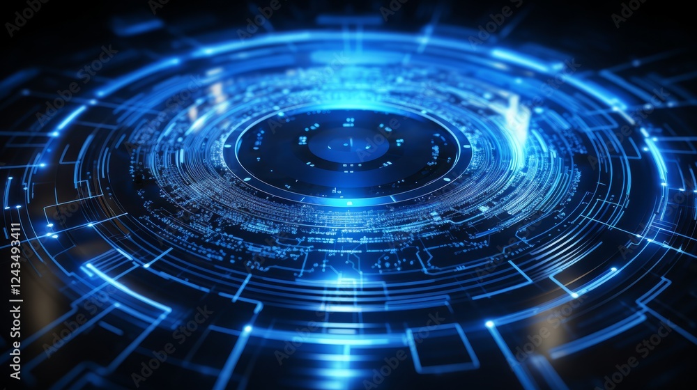 Poster digital abstract design showcasing intricate glowing patterns in blue tones. generative ai