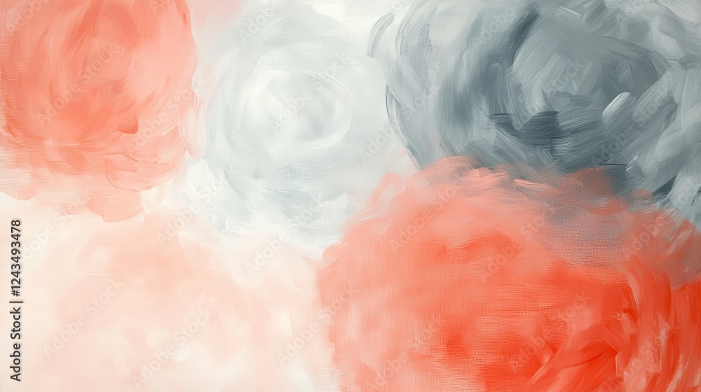 Poster coral and gray circular brushstrokes create a harmonious abstract design showcasing elegance and mod