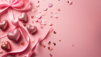 Fototapeta premium top view photo of valentine s day decorations glitter pink curly ribbon and heart shaped confetti on isolated pastel pink background copy space