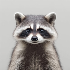 Obraz premium A raccoon with striking facial markings gazes directly at the viewer, showcasing its expressive eyes and fuzzy fur. The neutral background emphasizes the raccoon's playful demeanor